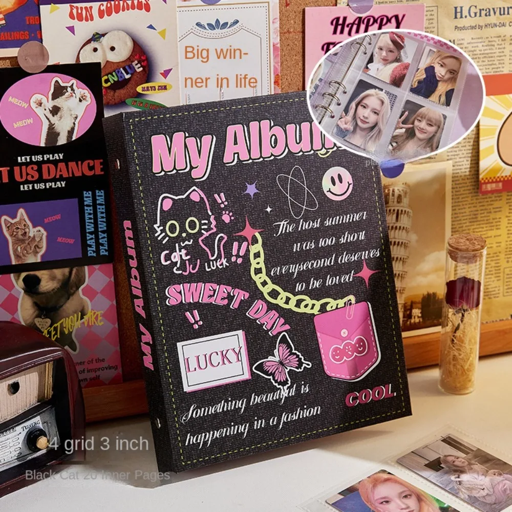 ألبوم بطاقات الصور الفوتوغرافية مقاس 3 بوصات، واقي أوراق فضفاضة، حامل بطاقة الصور الفوتوغرافية على شكل قطة كرتونية، طراز قديم، دفتر ألبوم