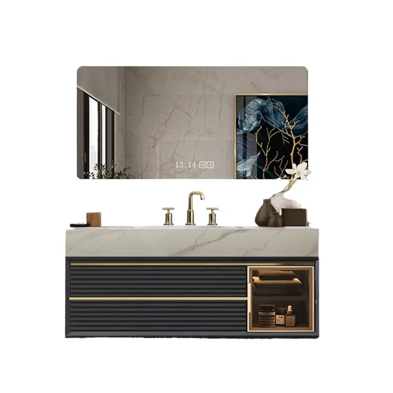 Modern Groove Blue Wall Mounted Smart Mirror Locker Floating Vanity Bathroom