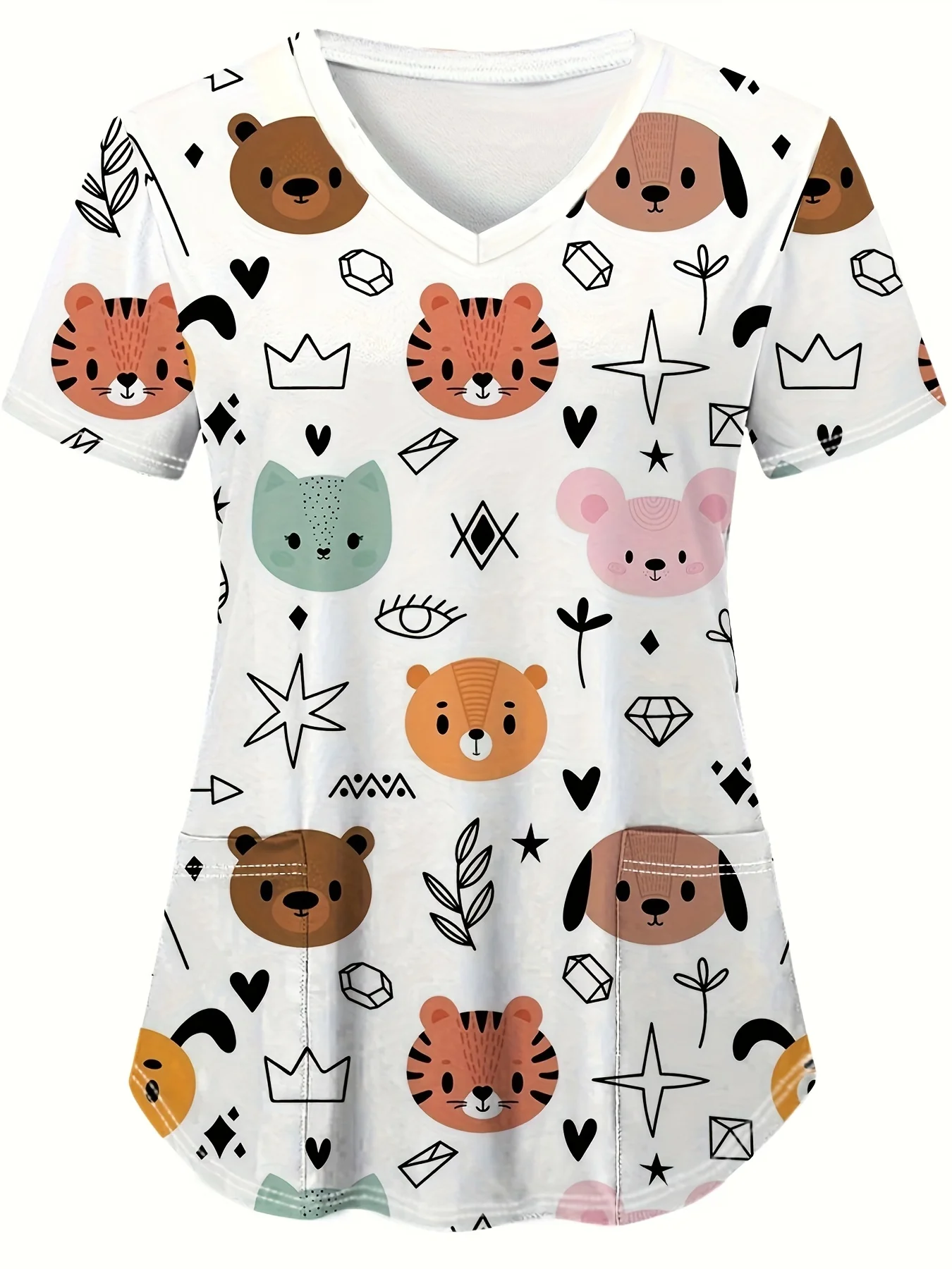 Vibrant Cartoon Cat Print V-Neck  Top - Soft, Breathable, and Functional Uniform for Healthcare Professionals - Micro Elasticity