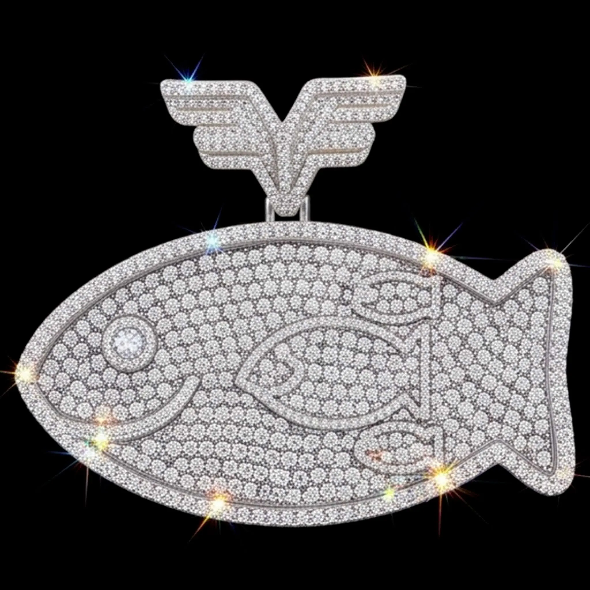 LYEE CYEE Luxury Hip Hop Style Cute Little Fish Double F Letter Pendant Can Be Paired with Cuban Chain Rap Singer Street Party Decoration Exquisite Jewelry Valentine's Day/Commemorative Gift Birthday Gift Holiday Gift Best Gift for Boyfriend