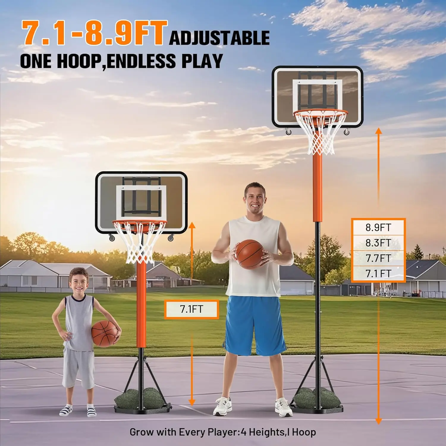 Adjustable Portable Basketball Hoop System 7.1-8.9ft 33-Inch Shatterproof PC Backboard Multi-Color Options for Kids Youth Adults