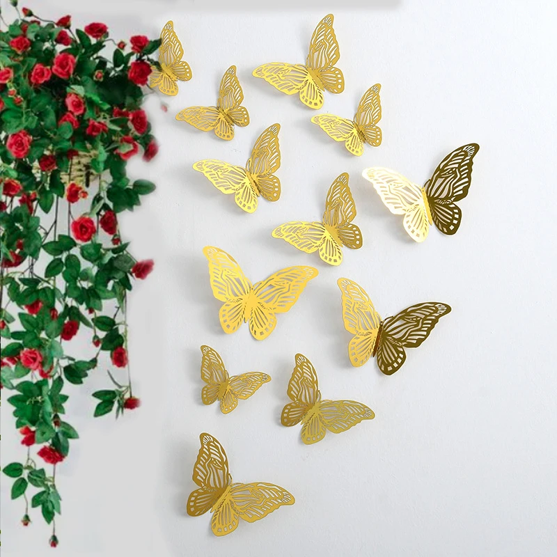 12pcs Balloon Decoration 3D Butterfly Stickers Birthday Wedding Decoration Background Wall Props Self-Adhesive Wall Stickers