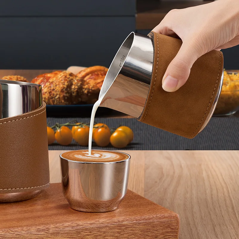 

500 мл безручная кожаная банка для латте, кувшин для вспенивания молока для эспрессо с острым носиком, чашка для заваривания кофе, дисплей, мерный горшок