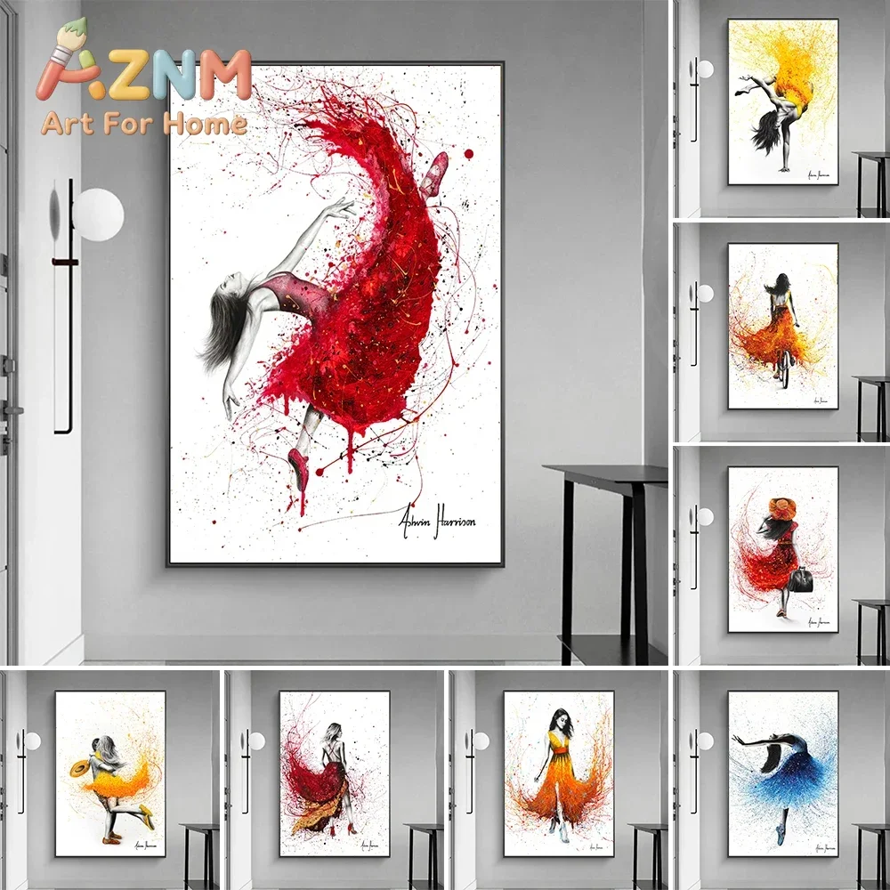AZNM Colorful Dancer Girl Canvas Wall Art Abstract Splatter Paint Ballet Woman Dancer Print Unframed Canvas Poster for Living Ro