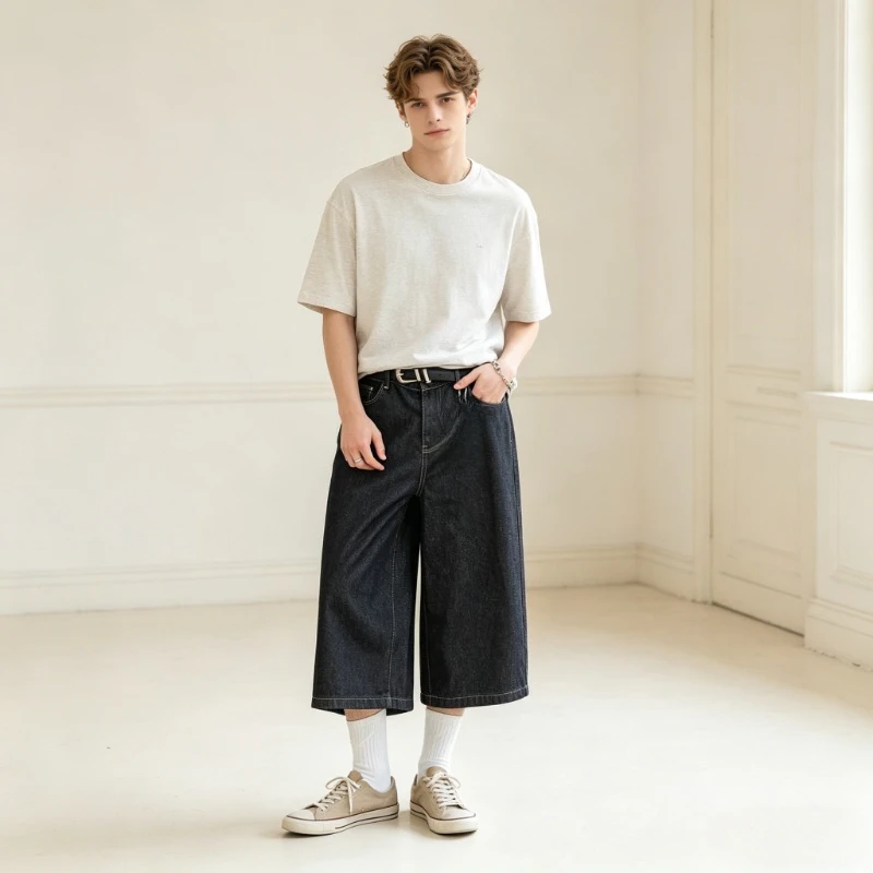 

Denim Pants Men Jeans Vintage Loose High Waist Calf Length Pant Straight Trousers Y2k Streetwear Elastic Waist Work Beach 2026