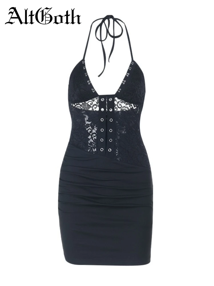 

AltGoth Sexy See Through Dress Women Aesthetic Mall Gothic Spaghetti Strap High Waist Corset Dress Nightclub Party Dress Female