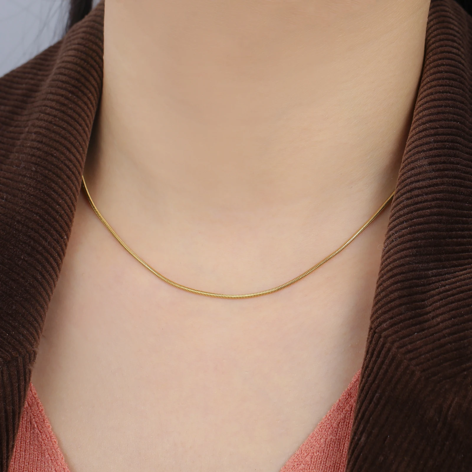 Skyrim Edelstahl Gold Farbe Runde Schlange Kette Halskette Frauen Männer Lange Hals Ketten Trendy Punk Schmuck Geschenk Großhandel – Detail 3