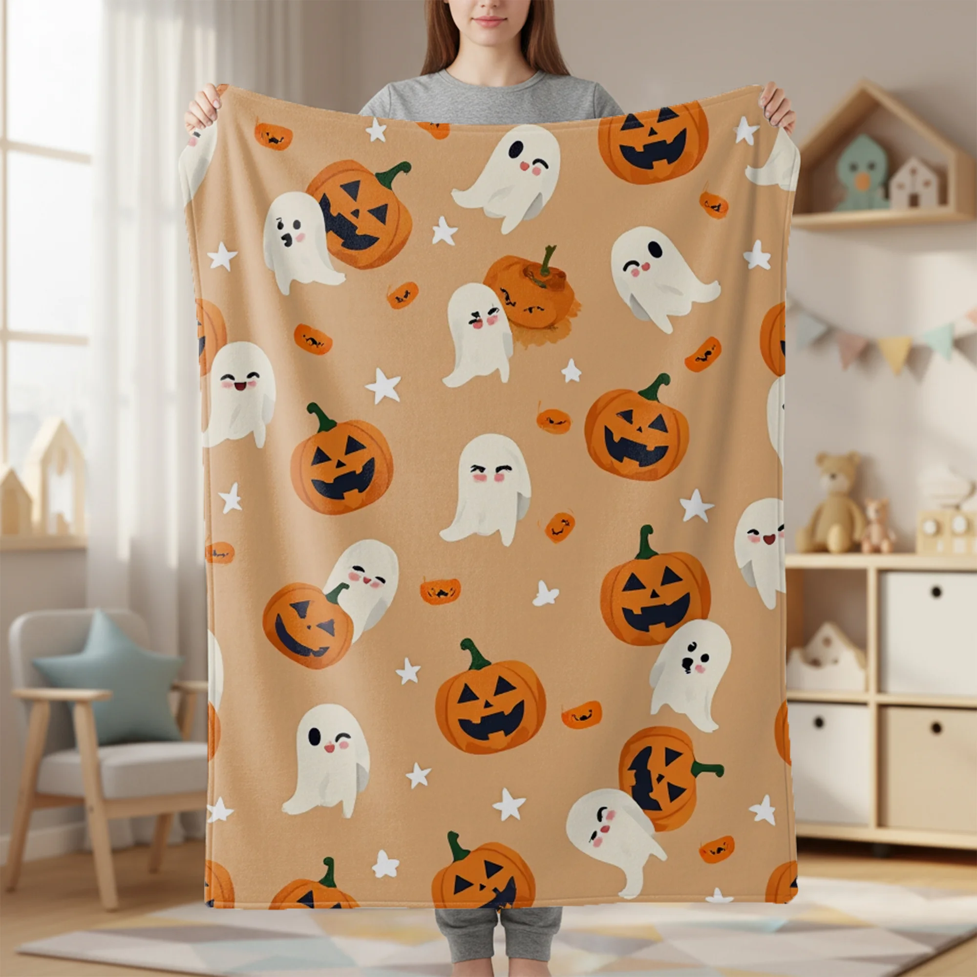 Cute Pink Halloween Ghost Print Throw Blanket Cozy Sofa Couch Manta Soft Bed Decor Blanket For Bedroom Living Room