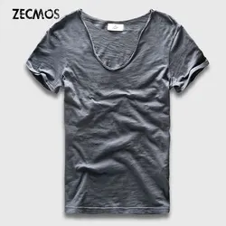 T-shirt Basic da uomo in cotone solido con scollo a V Slim Fit T-shirt moda maschile manica corta Top Tees 2017 Brand