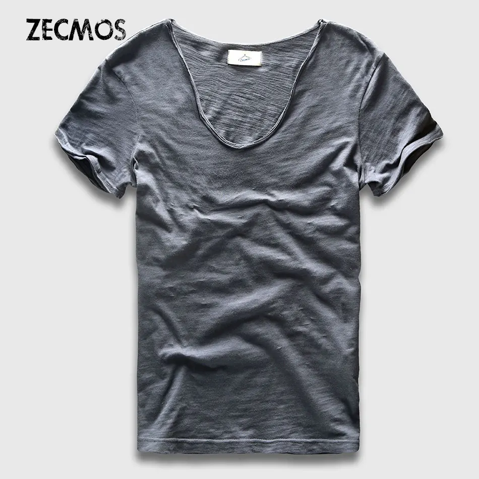 Męska podstawowa koszulka solidna bawełniana koszulka z dekoltem w kształcie litery V Slim Fit męskie modne t-shirty z krótkim rękawem koszulki 2017 marki