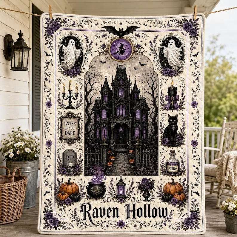 Gothic Haunted Mansion Quilt Blanket, Victorian Halloween Bed Throw