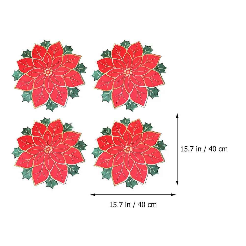 4Pcs Christmas Dining Placemat Embroidered Poinsettia Reusable Heat Resistant Table Decoration Holiday Poinsettia Placemat