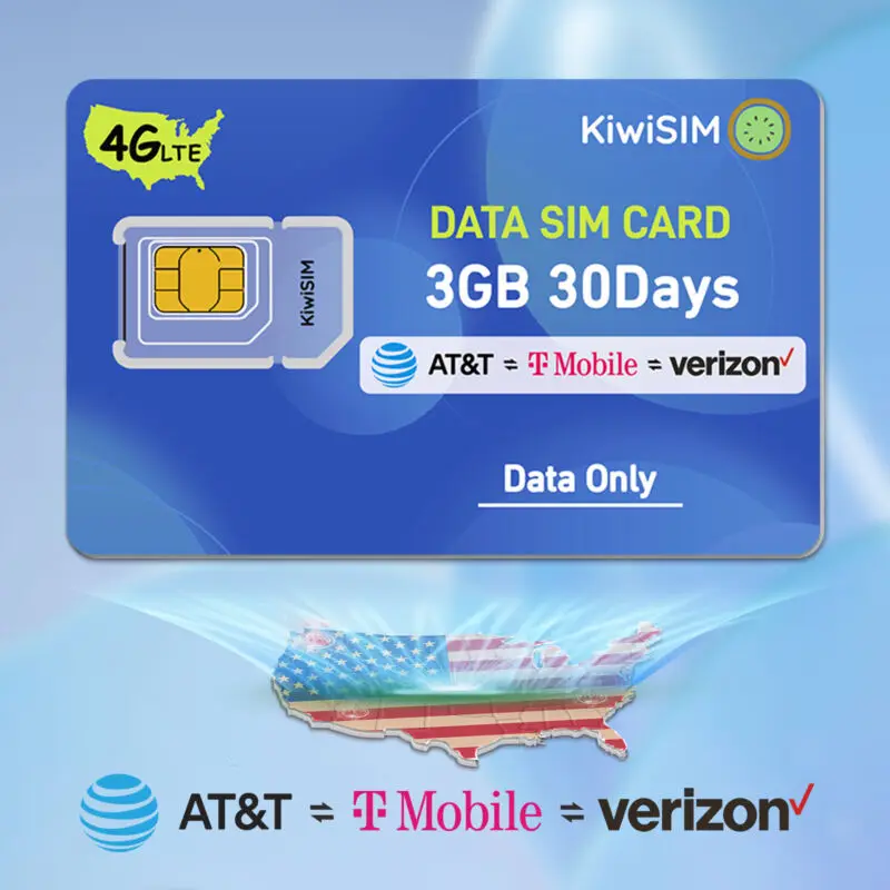 بطاقة SIM لبيانات 4G فقط لشبكة AT&T T-Mobile Verizon المدفوعة مسبقًا بسعة 3 جيجابايت لمدة 30 يومًا