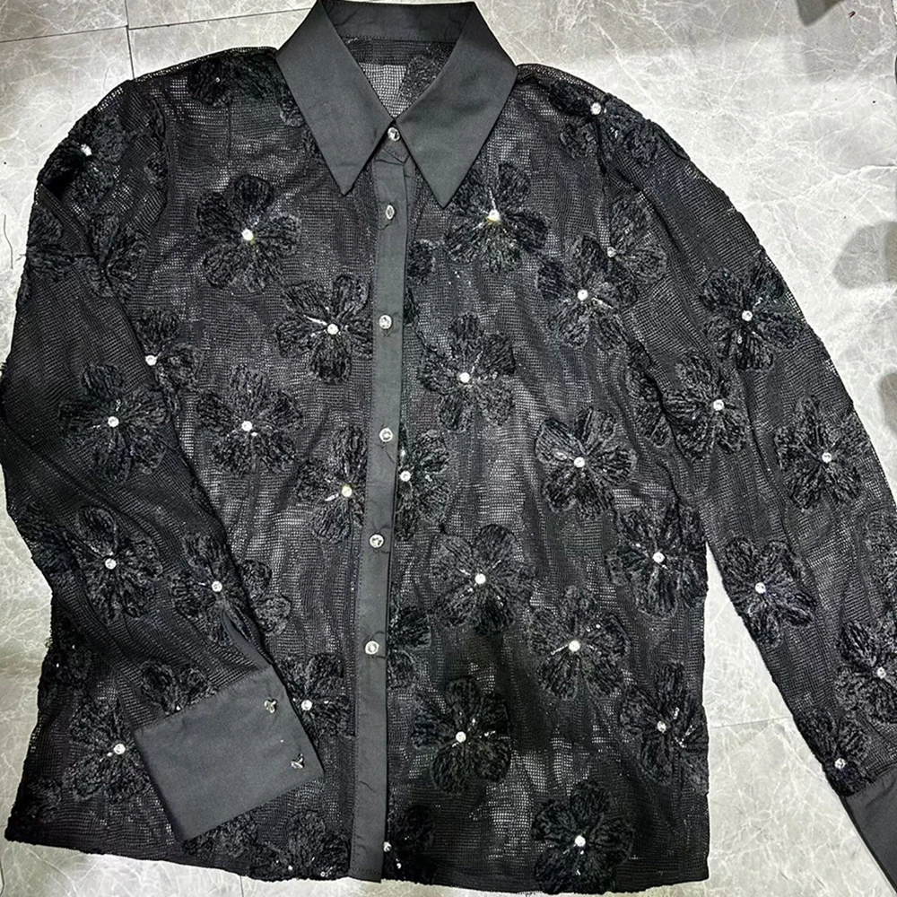 TWOTWINSTYLE Solid Spliced Diamonds Loose Blouse for Women Laple Long Sleeve Temperament Chic Shirts Female Autumn NewKBL551212