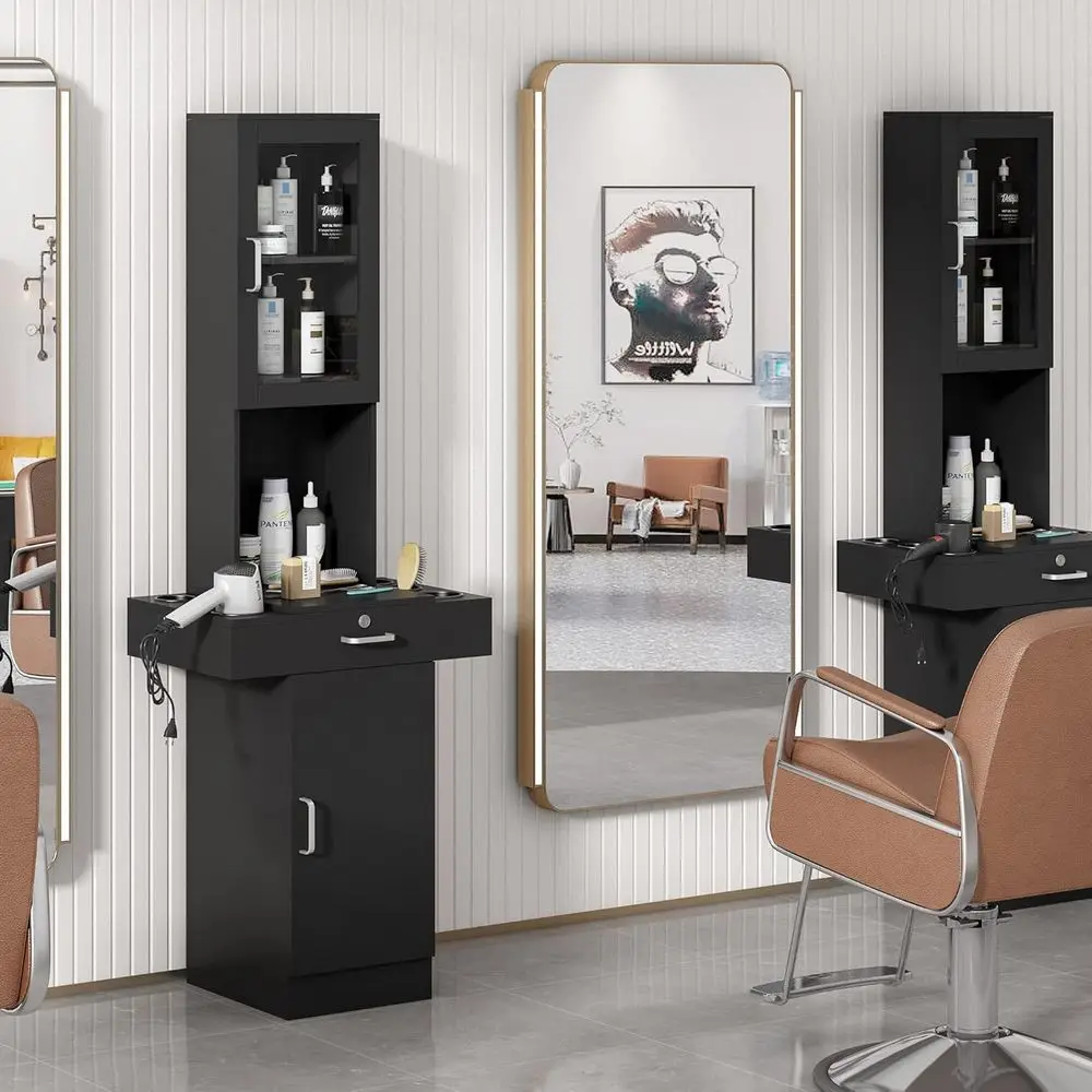 Sn Station or Hair Stylist,Hair Styling Organizer Equipment with Glass Door,6 Tool Dryer Holders, 2 Storage Cabinet ，Beauty Spa