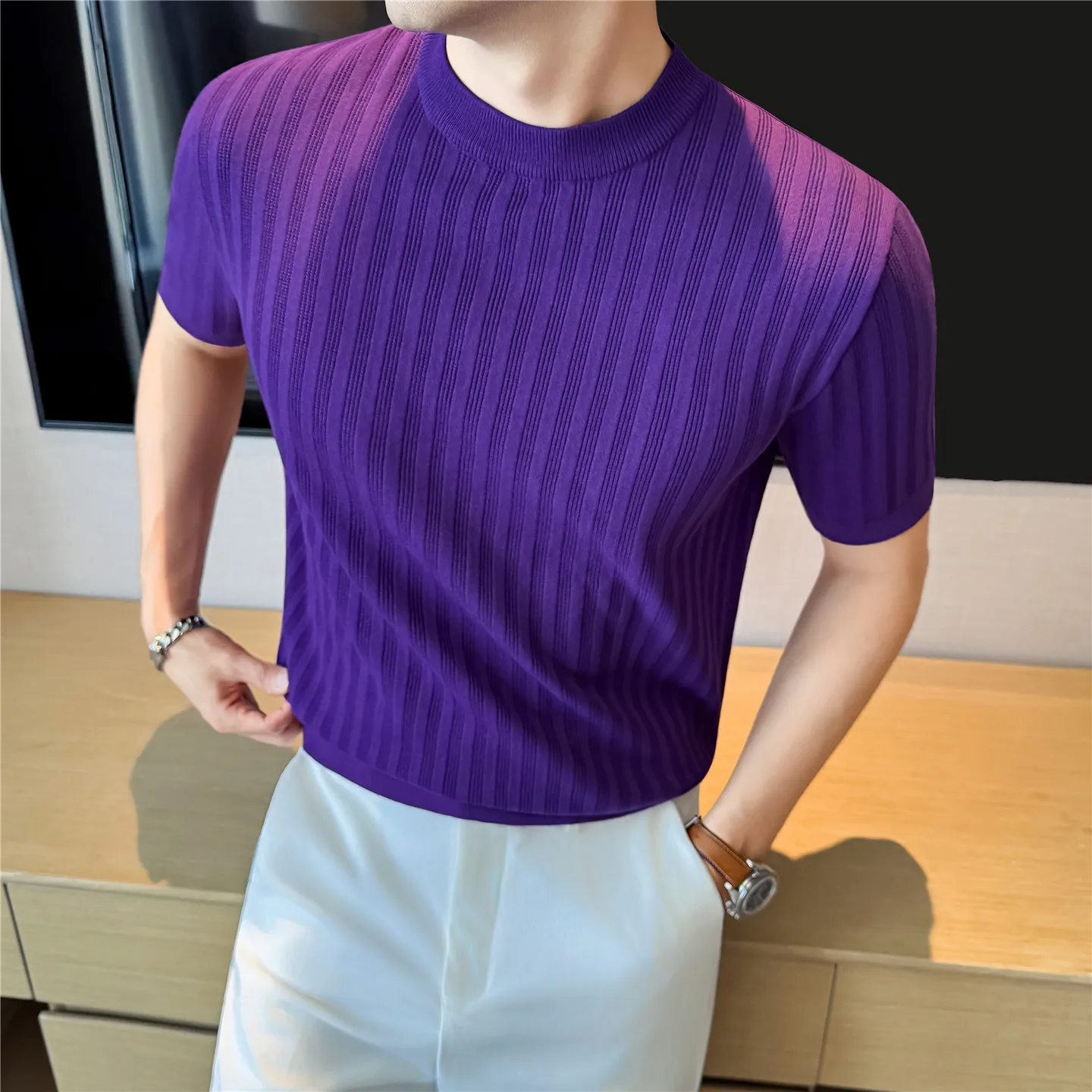 

Men's Slim Fit Ribbed Knit T-Shirt – Hollow-Out Breathable Texture, Round Neck Short Sleeve Top for Summer
