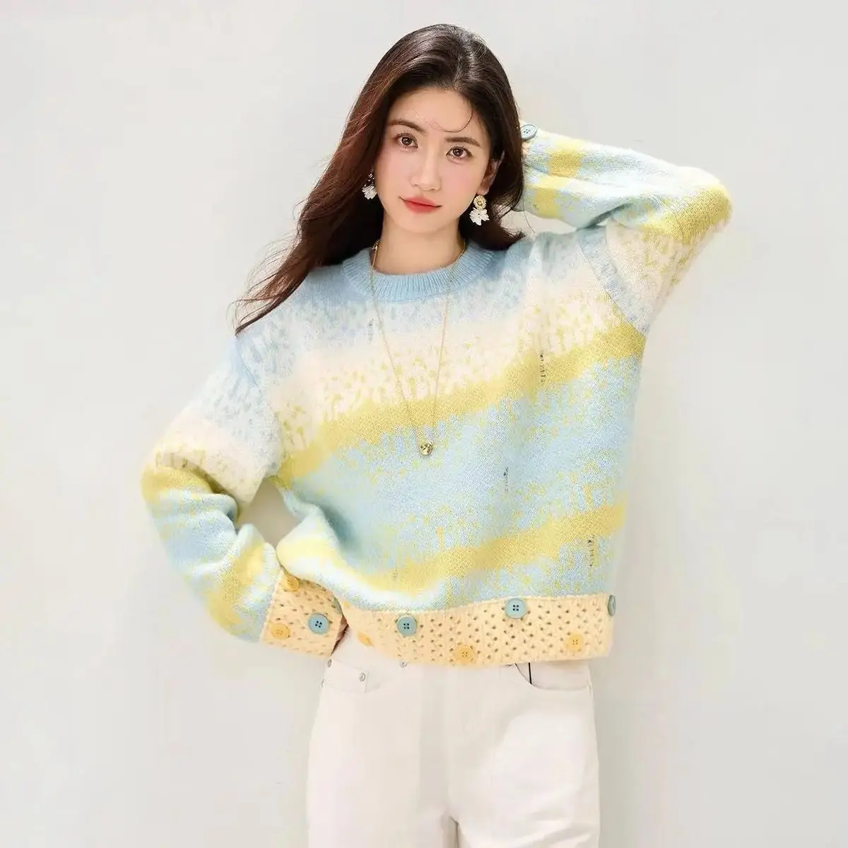 New autumn/winter thick fashion and versatile slim sweater female crew neck knitwear pullover long-sleeved top