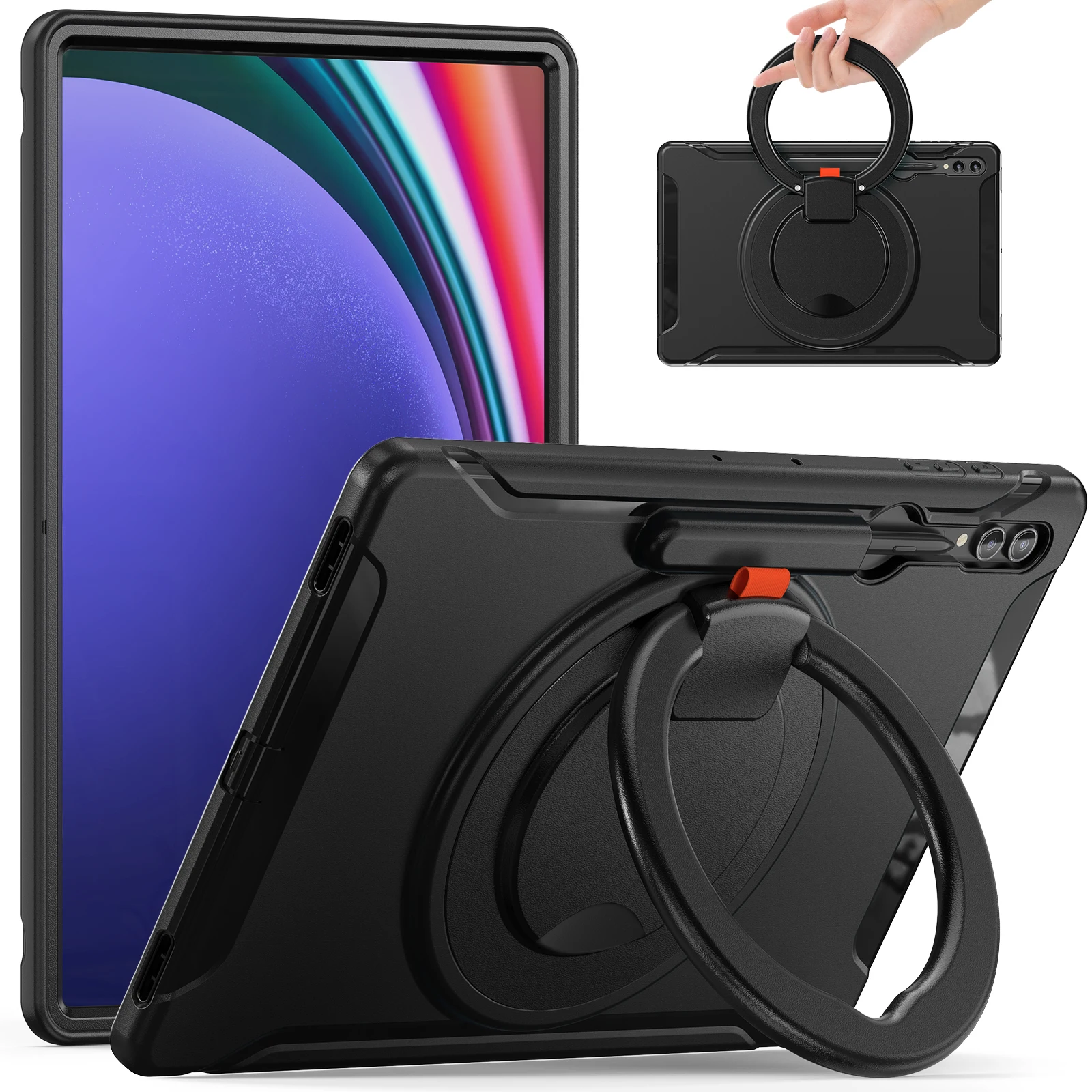 For Samsung Galaxy Tab S9 Ultra SM-X910 S6 S7 S8 FE Plus SM-X810 SM-X610 Case Kids 360 Rotation Hand Ring Stand Shockproof Cover