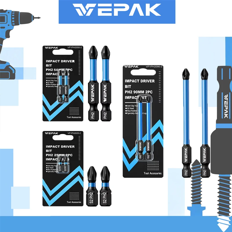 VEPAK VP1PH2025/VP1PH2050/VP1PH2090 Industrial Grade CRV Magnetic Tool Accessory Set-Nut Setter Socket, Bit Holder & Extension