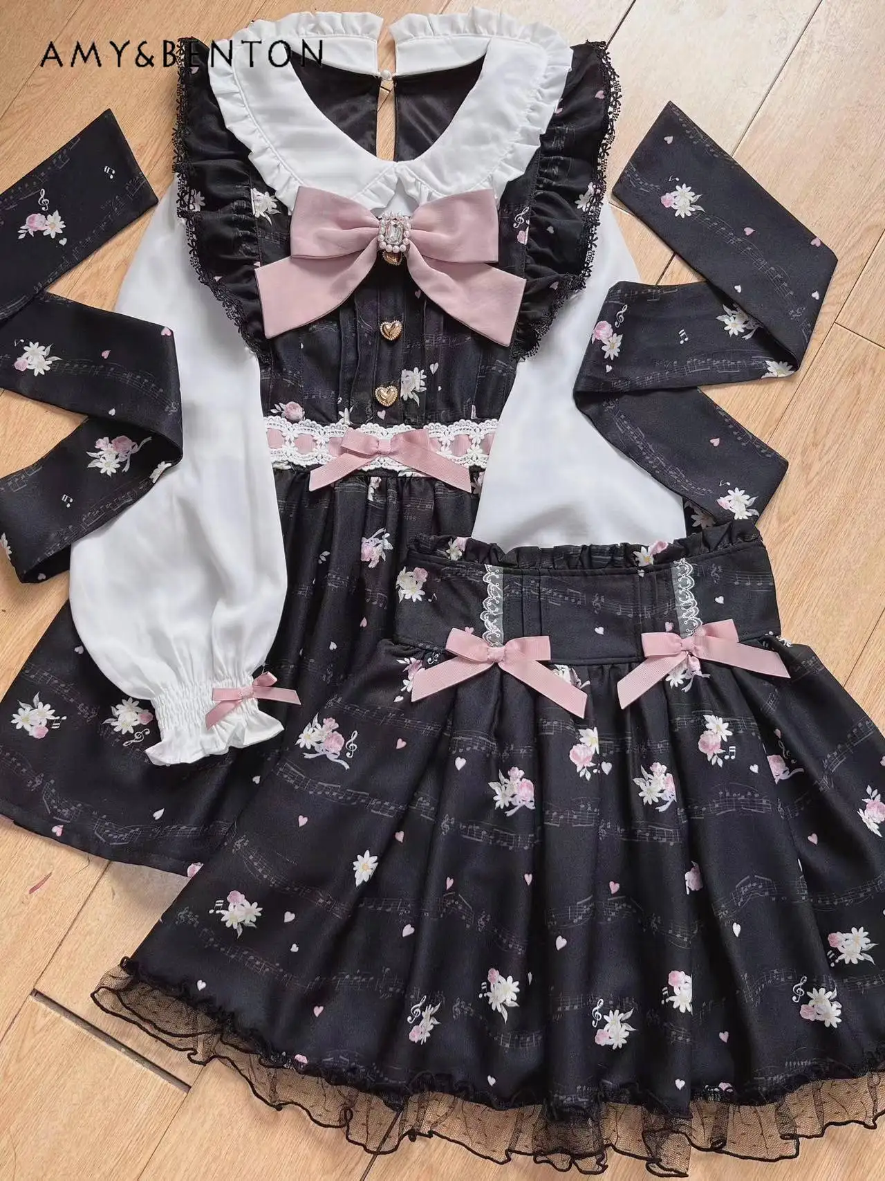 Spring Summer New Japanese Sweet Bow Liz Dress Women Mine Mass-Produced Kawaii Printed Doll Collar Dress Lolita Dresses Dress