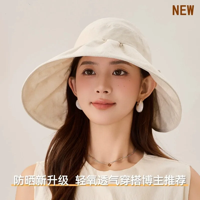 Cotton Linen Wide Brim Visor Hat for Women Summer Foldable Solid Color Breathable Visor Sun Hat Sunscreen Caps
