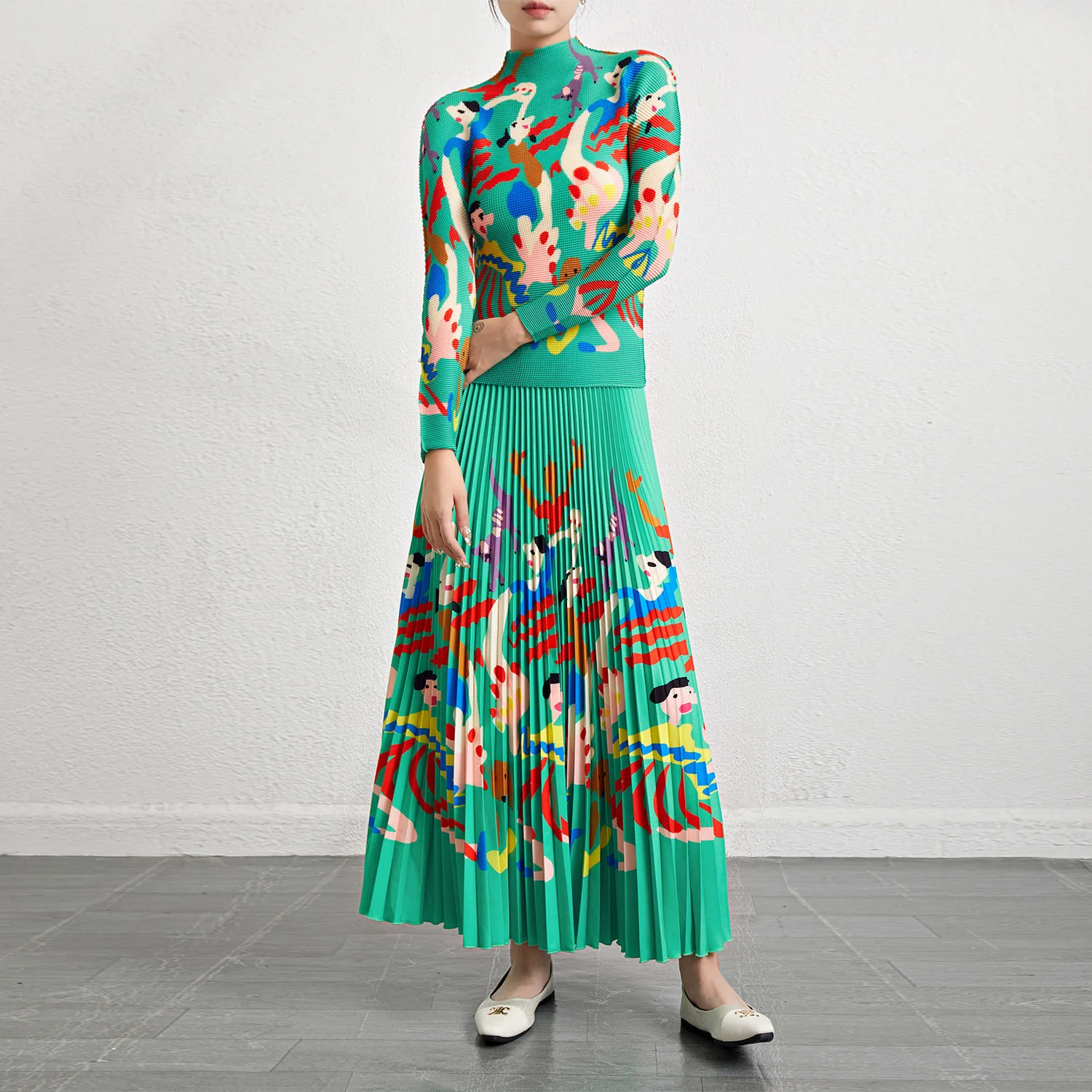 

Fashionable Women's plus Size Polyester Fiber Long Sleeve Printed Chiffon Top And Midi Skirt Two-Piece Set Commute Style