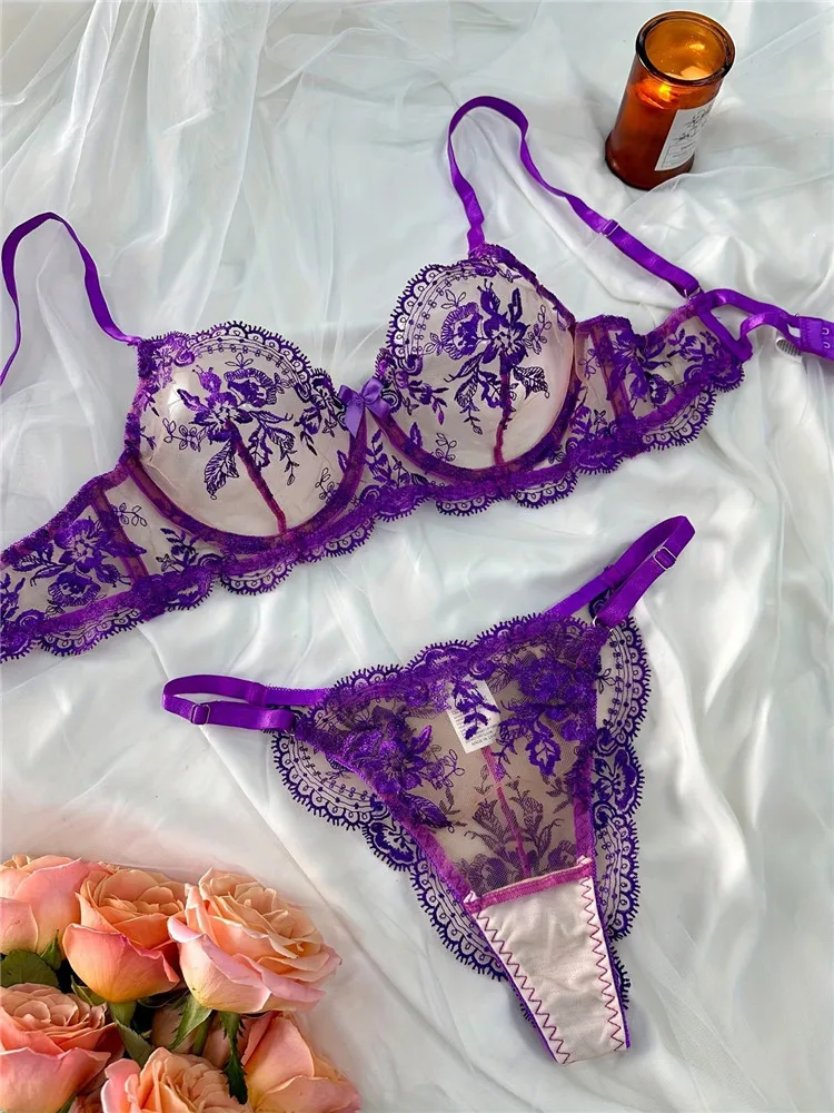 Sexy Bra Sets for Women Fancy Lingerie Lace Embroidery Fairy Seamless Underwear See Through Exotic Sets Floral Bra Brief Set