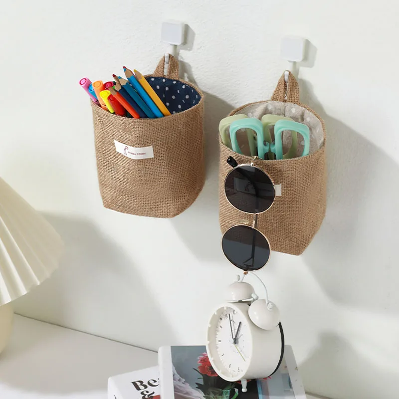 Cotton Linen Hanging Storage Bag Wall Mount Organizer Pouch for Dorm Bedroom Bedside Door Back Multi-Purpose Sundries Holder