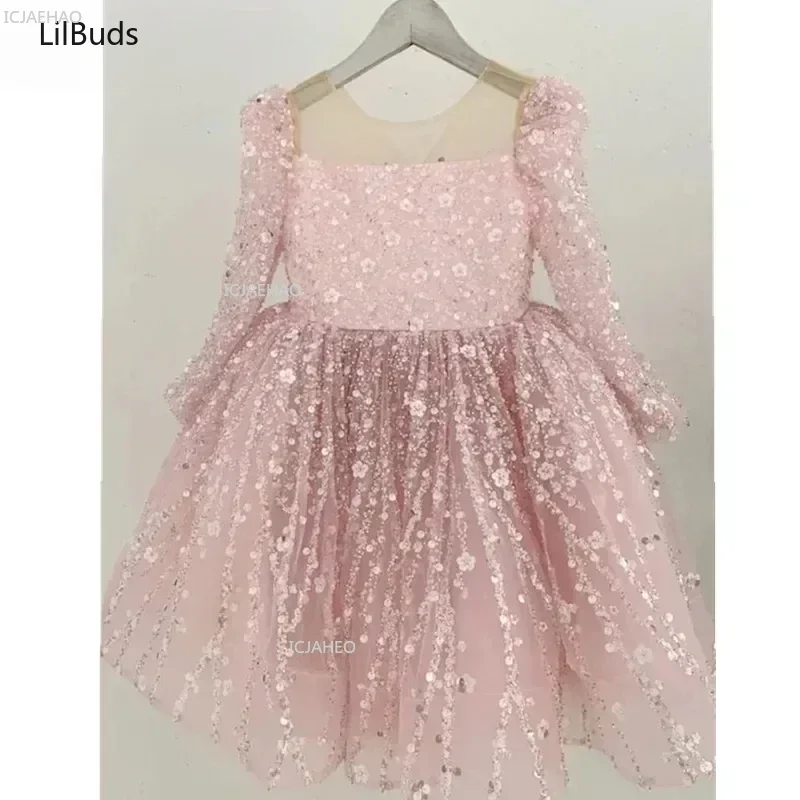 Elegant Dress for Girl Children Birthday Evening Party Matching Princess Ball Gown Long Sleeve Formal Dresses Kids Shinny Sequin