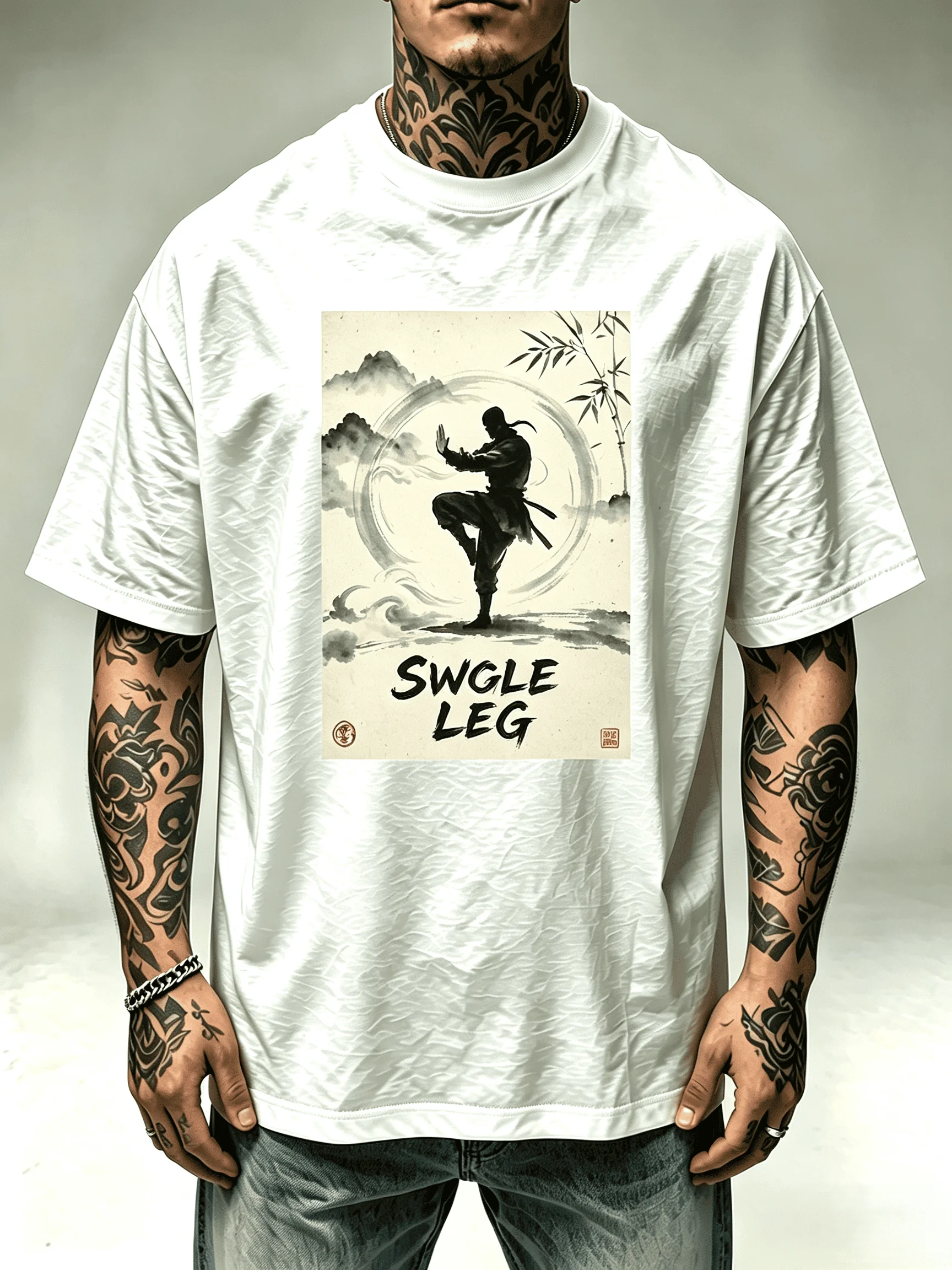 Unisex Single Leg Chinese Ink Kung Fu Master T-Shirt Men Women Oriental Mountain Bamboo Martial Arts Silhouette Print Oversized Short Sleeve Streetwear Tops