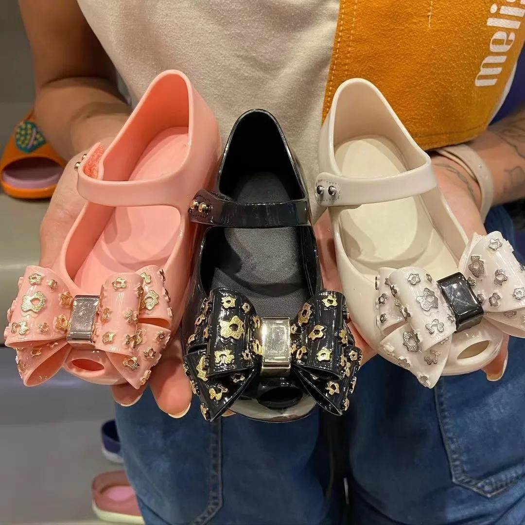 Mini Girl Sandals 2024 Kids Sparkle Bow Summer Shoes for Children Sandals Waterproof Non-slip Beach Sandals Melissa Shoes HMI087