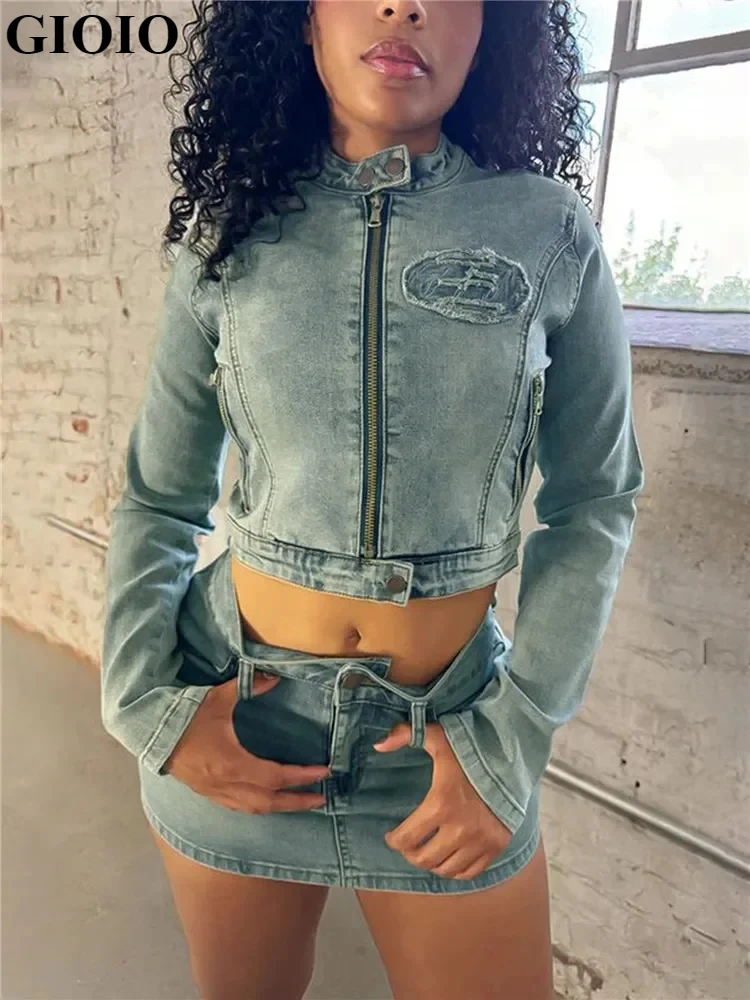 

GIOIO Denim Women's Set Patch Embroidery Full Sleeve Jacket and Short Skirts Suits Streetwear Sexy Two 2 Piece Set