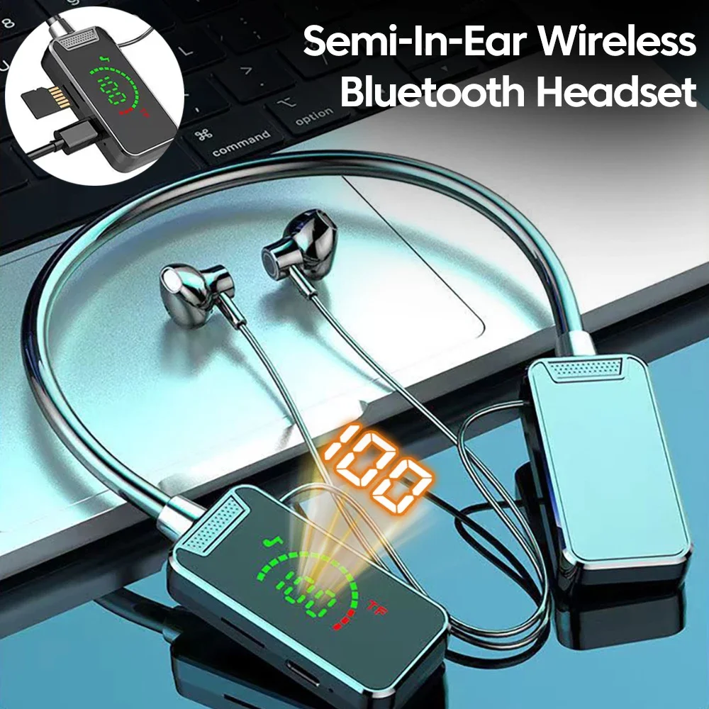 سماعات أذن بشريط حول الرقبة سماعات رأس لاسلكية Bluetooth5.3 يدوي TWS HIFI سماعة داخل الأذن سماعات بلوتوث مع ميكروفون يدعم بطاقة SD