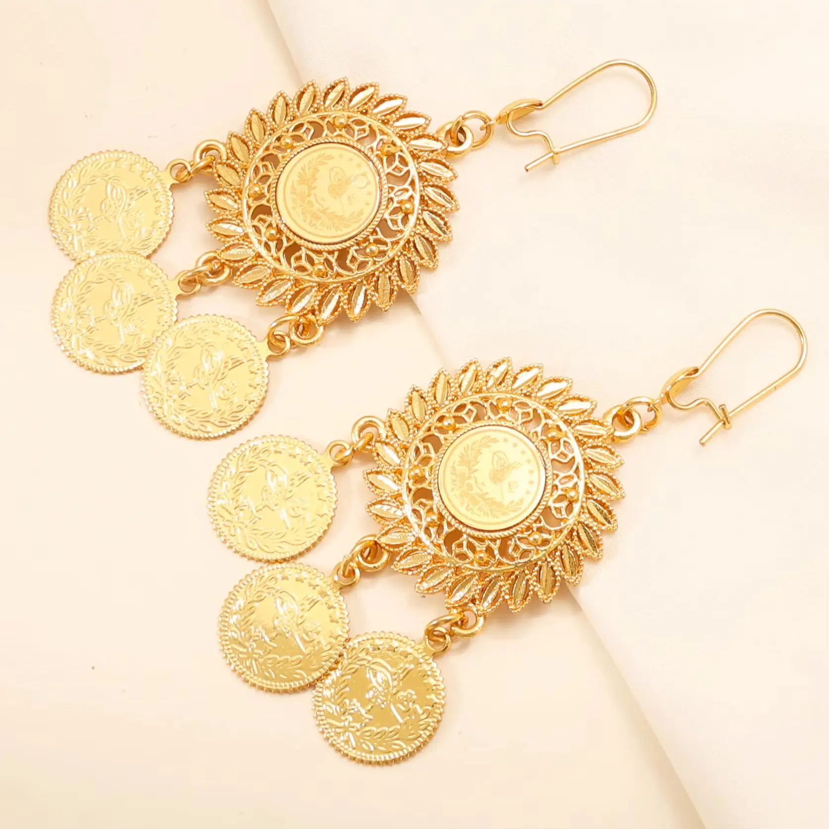 KDE Vintage Boho Ethnic Floral Earrings, Gold Plated Turkish Coin Fashion Accessories, Suitable for Weddings & Daily Wear #00479