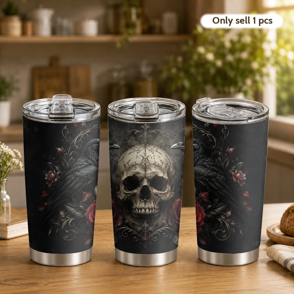 Gothic Raven Skull Vacuum Flasks 20oz Vacuum Flask Double Wall Insulated Coffee Tumbler With Lid&Straw For Hot Cold Drinks&gift
