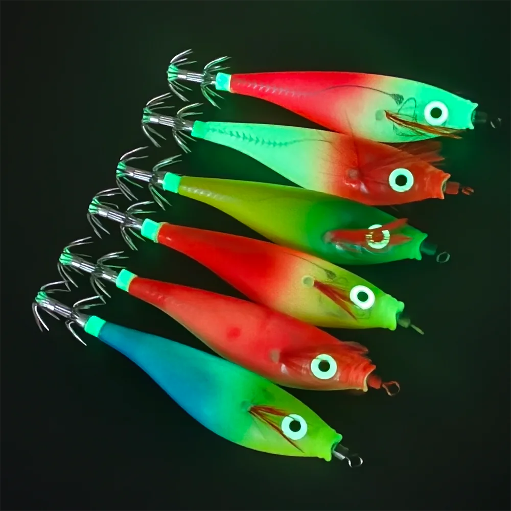 6 قطع من خطافات الحبار المتوهجة - طعوم الروبيان الأفقية - طعوم لـ Egi، رقص حبار الحبار، طعوم صلبة لصيد الأخطبوط #6