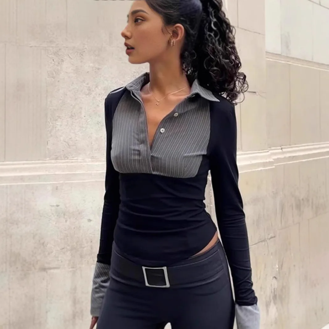 

2026 Polo-neck Shirts Women Fashion Stripe Print Patchwork Long Sleeve Shirts Top Women's Clothing Office Lady Women Shirt New