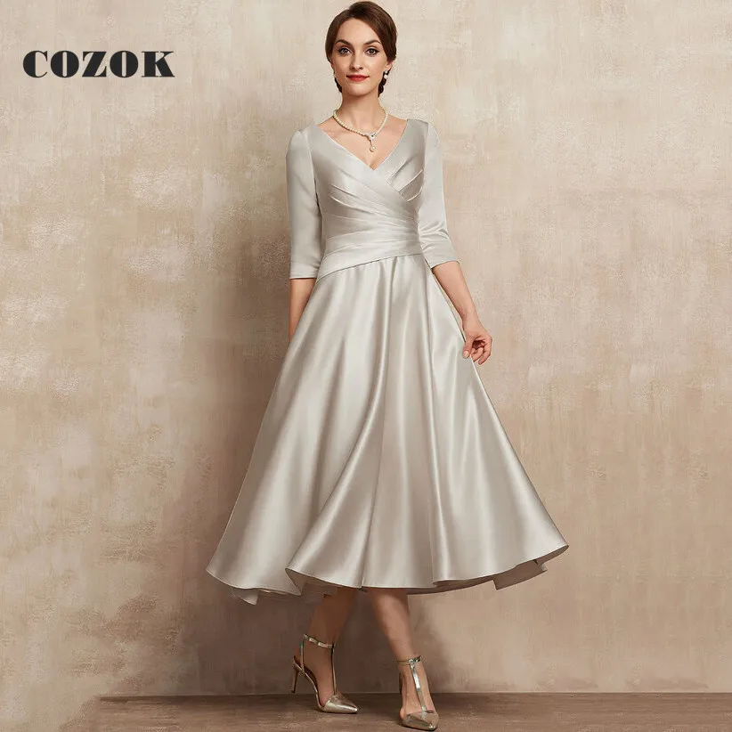 

A-Line V-Neck Short Satin Tea-Length Evening Dress Simple Elegant Sexy Half Sleeves Prom Gowns Robes De Soirée Custom Size MK08