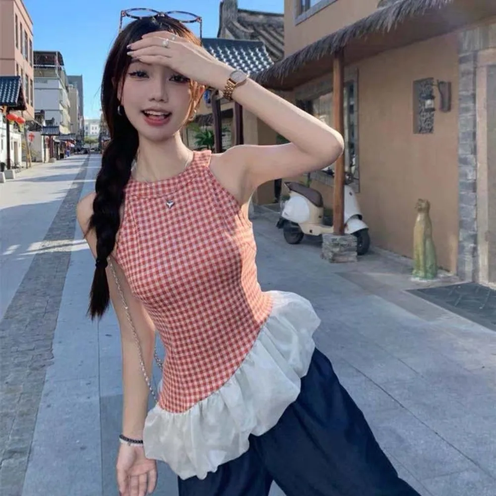 with Padded Cups Ladies Plaid Camisole Streetwear Shirred Ruffle Shirt Grid Crop Tops Sleeveless Irregular Shape Suspender Vest