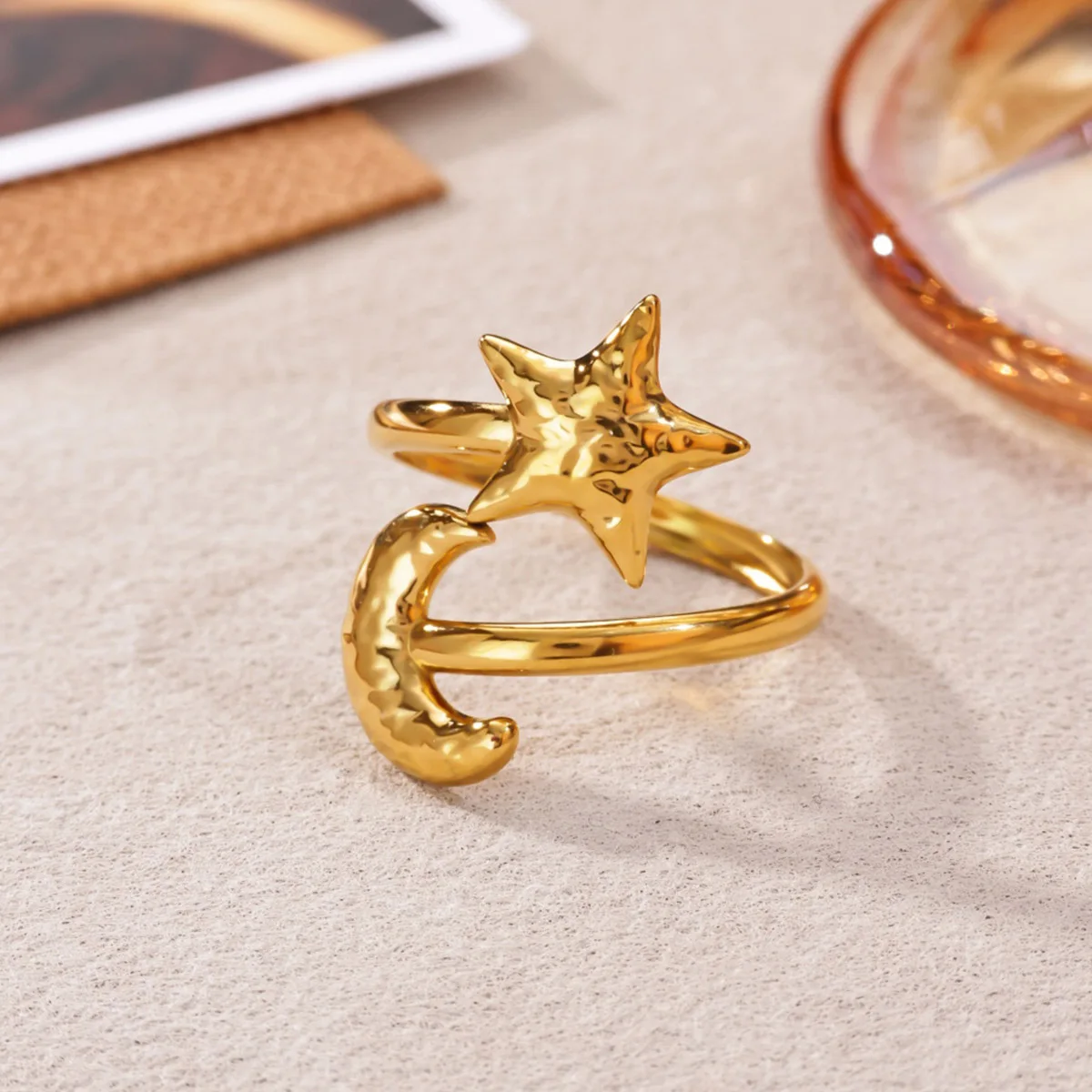 Vintage Stainless Steel Texture Star&Moon Rings For Women Men Gold Color Open Adjustable Moon Ring Female Jewelry Party Gift