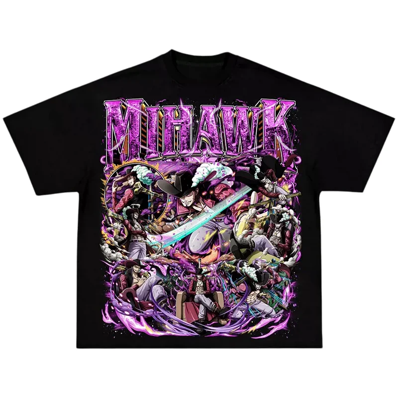 Camiseta One Piece Dracule Mihawk para hombre y mujer, camiseta retro Wano 100% algodón con gráfico de anime, camiseta informal holgada con cuello redondo y manga corta
