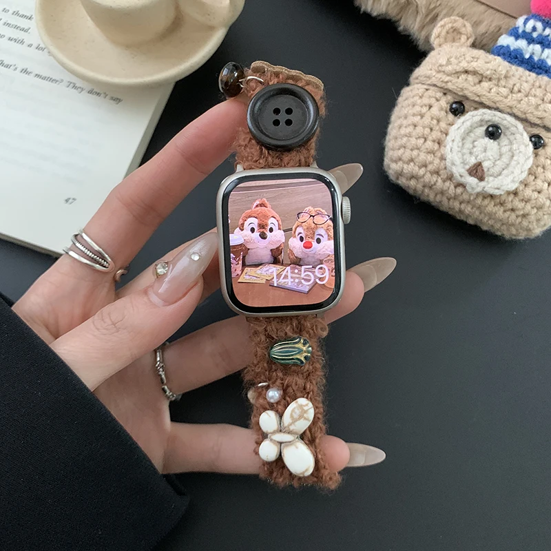 Korean Button Plush Strap for Apple Watch Band 40mm 44mm 38 42 45 49 Women Bracelet for IWatch 9 8 7 SE 6 5 4 Ultra2 Accessories