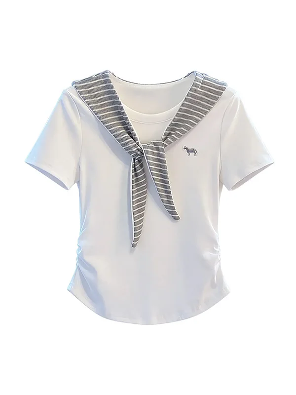 Striped Shoulder Wrap Short Sleeve T-Shirt Women's Slim Fit Waist Cinched Summer Cotton Youthful Style Casual Top
