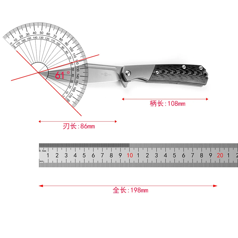 TWO SUN TS117 Folding Knife M390 Blade Fruit CF+Titanium Alloy Handle Camping Outdoor Survival EDC Tools