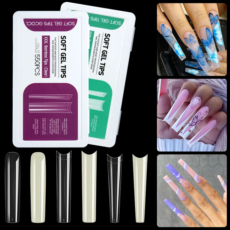 XXXL Super Long Coffin False Nail Art Tips French Stiletto Half Full Cover Soft Gel Fake Nails Extension Length Artificial Tips