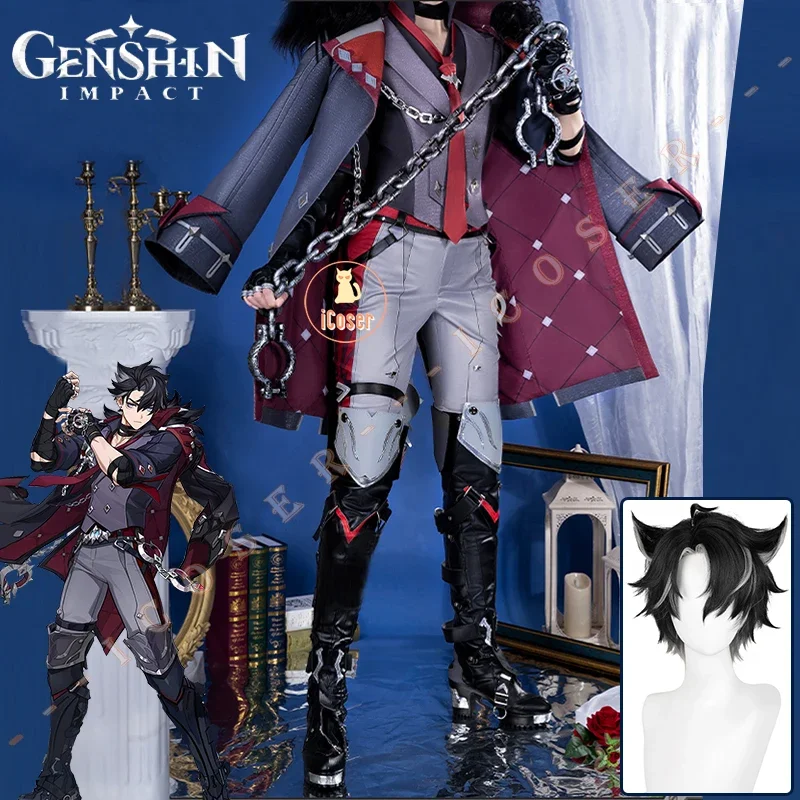 Wriothesley Costume Cosplay Parrucca Genshin Impact Uniforme Fontaine Fortezza di Meropide Orecchini Anello Festa di Halloween per Donne Uomini