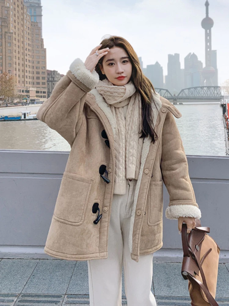 Korean Style Women\'s Autumn Winter Warm Coat Khaki Hooded Faux Wool Horn Button Thick Jacket 2023 Preppy Cashmere Plush Top