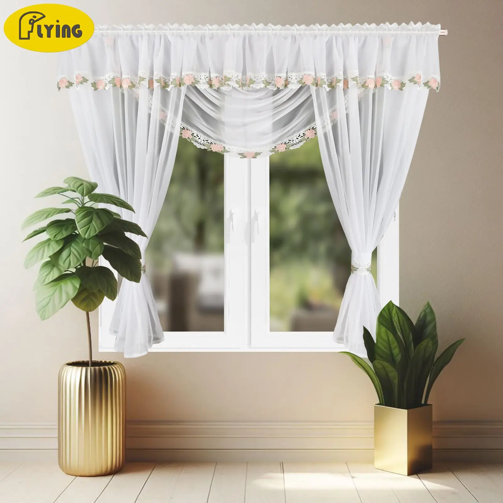 

FLYING Integrated Valance Curtains with Embroidered Lace, Semi-Transparent Drapes, 1pc 400x160cm for Children's room/Wedding