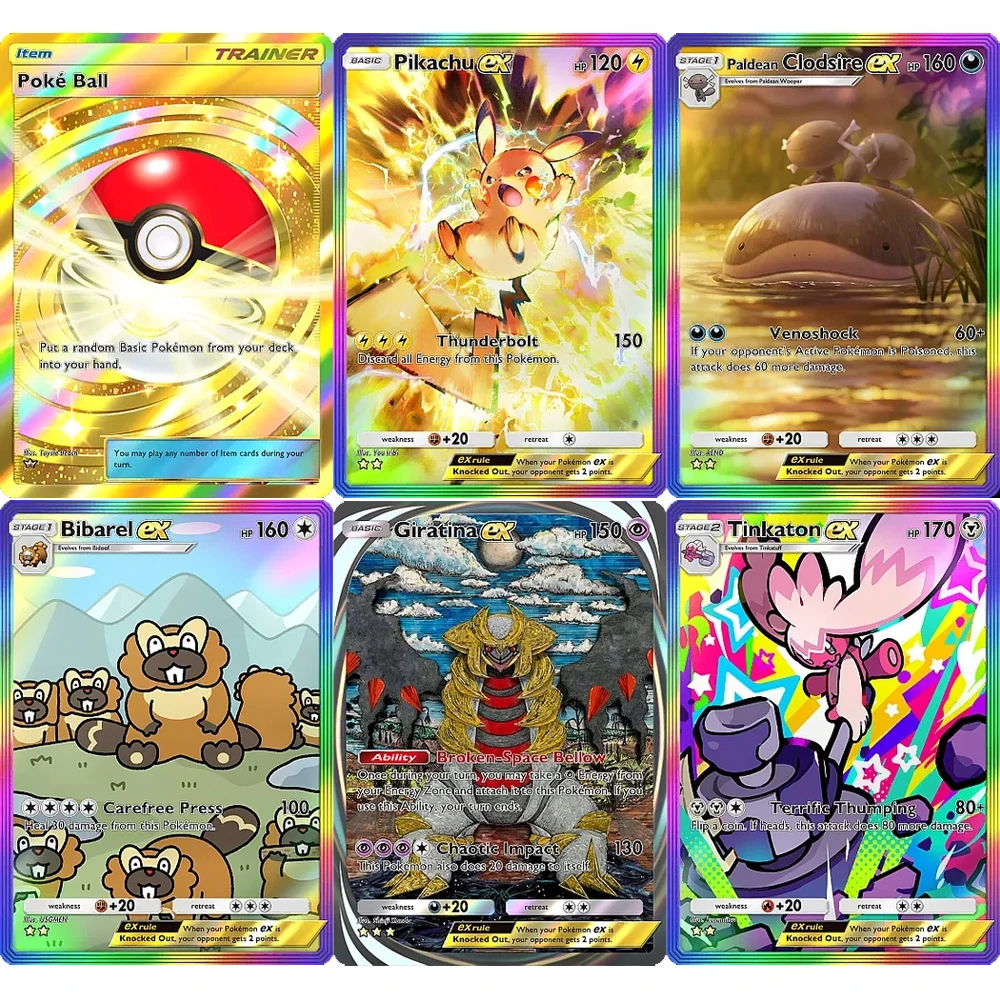 

6Pcs DIY Shining Revelry Pokemon Cards DIY Poke Balls Giratina Bibarel Tinkaton Paldean Clodsire Pikachu TCG Collectible Cards