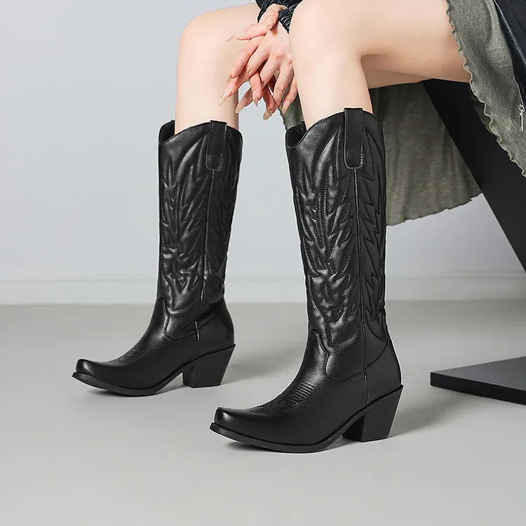 

Black Embroidered Western Boots 2026 Chunky Heels Knee High Boots Shoes